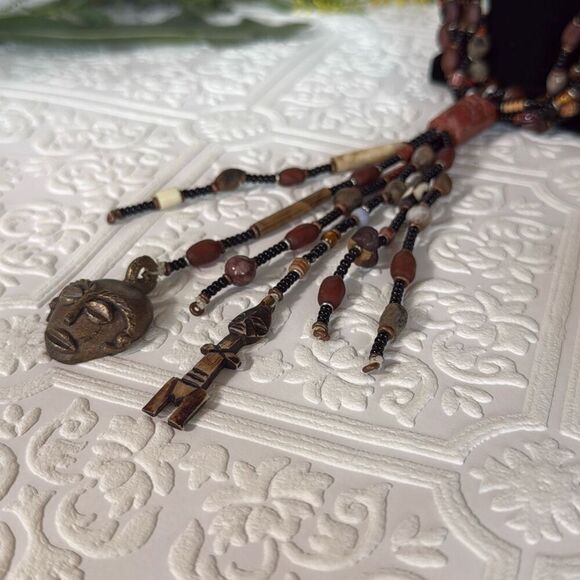 Vintage African Cast Brass Tribal Warrior Multiple Strand Tassel Pendant Necklac - Picture 6 of 16